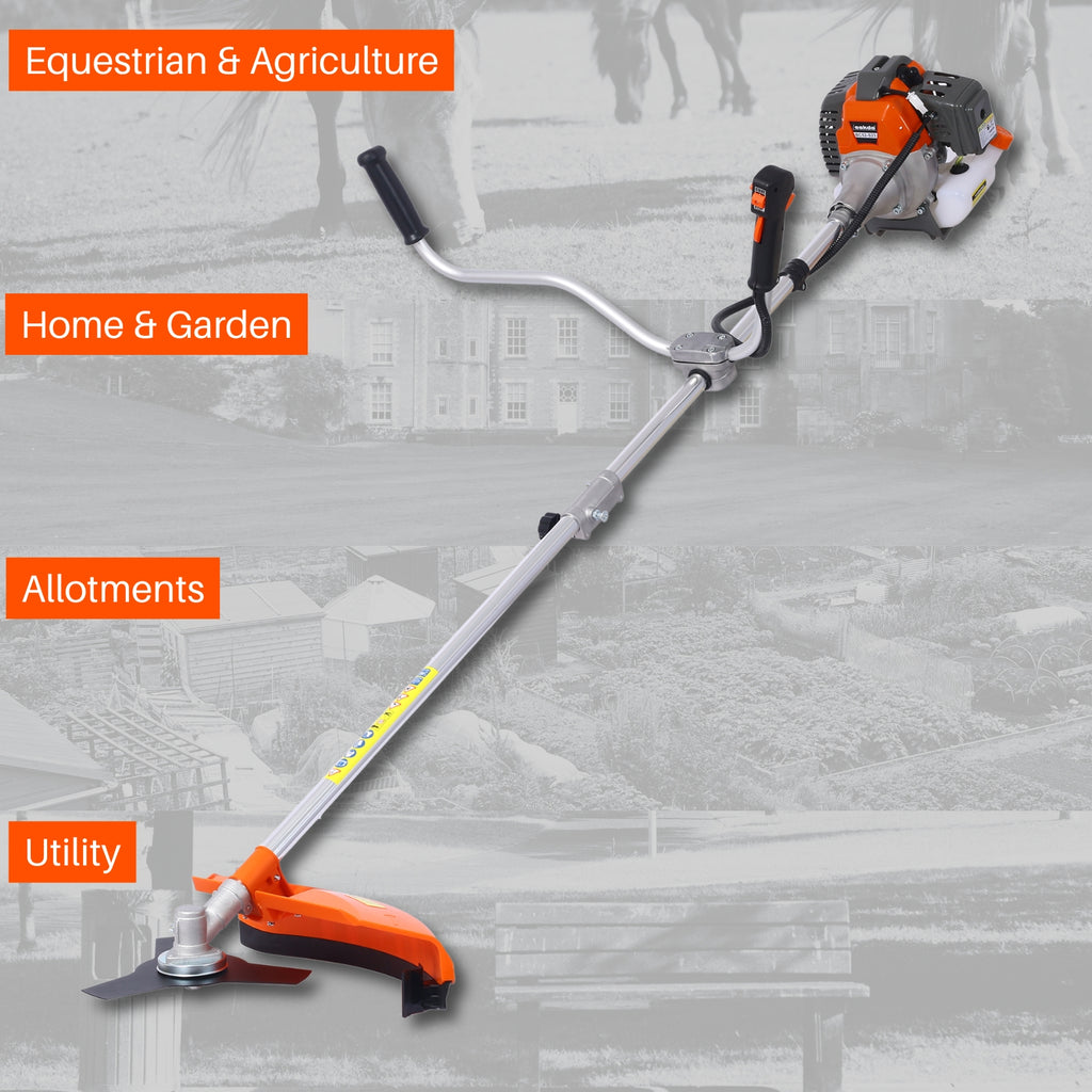 Gardening tool with text labels for Equestrian & Agriculture, Home & Garden, Allotments, and Utility on a blurred background.