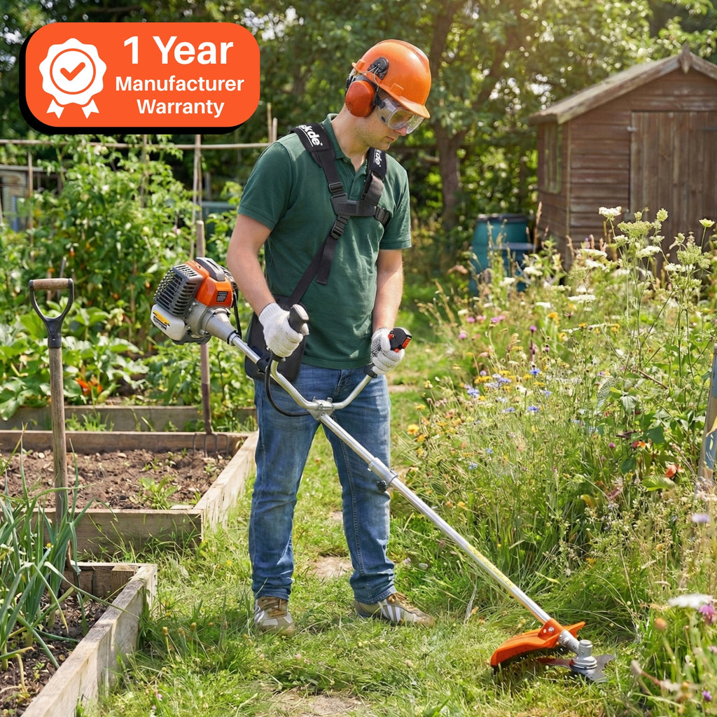 Person using a grass trimmer in a garden with a 1-year manufacturer warranty badge.