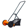 Handheld lawn mower with orange deck and black handle on a white background