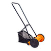 Handheld lawn mower with orange cutting deck on a white background