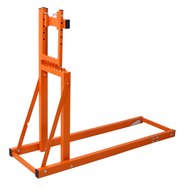 An orange Log Saw Horse Chainsaw Wood Stand, heavy-duty and folding holder designed for supporting logs for cutting with a chainsaw.